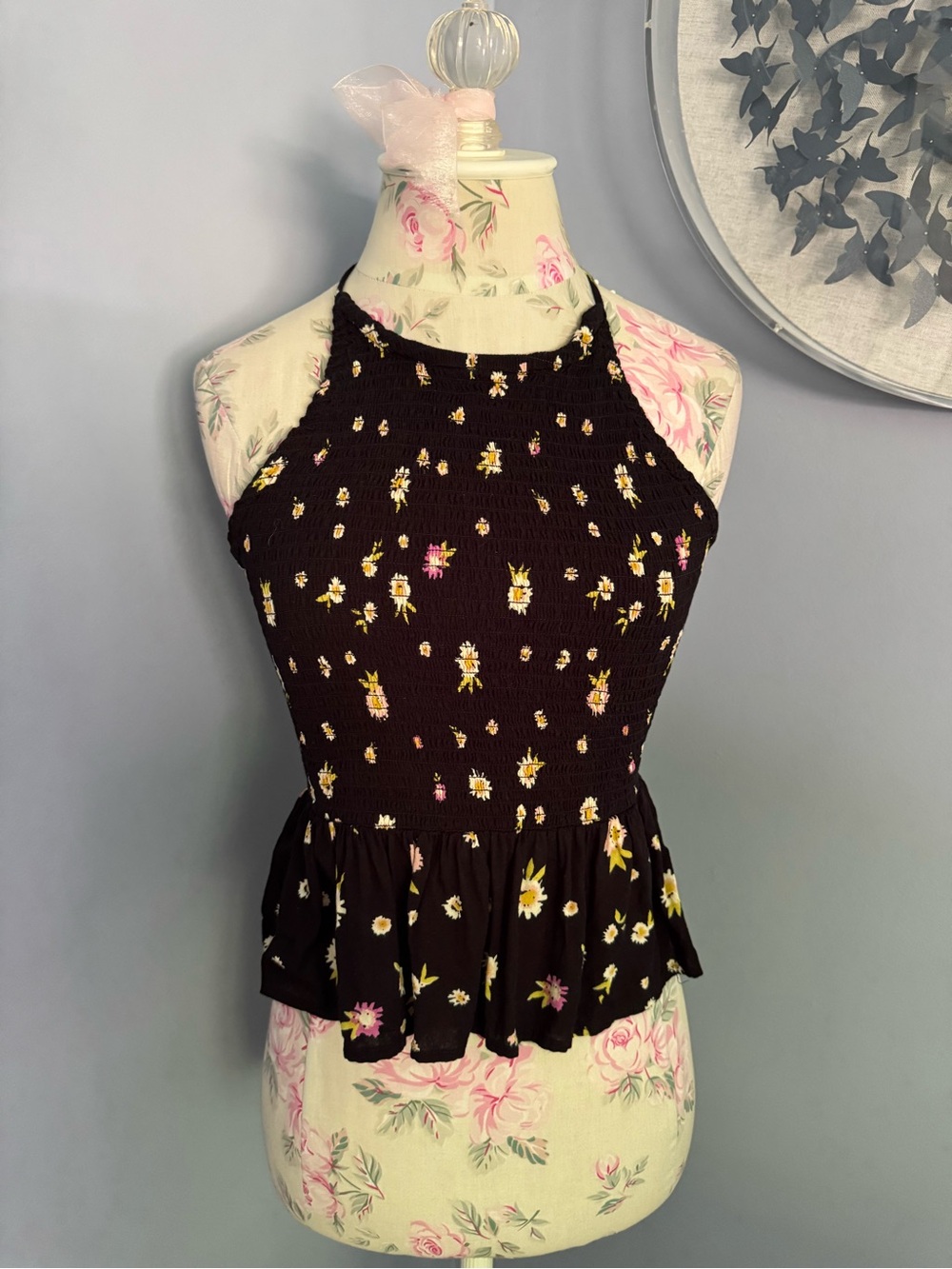 Patrons of Peace Black Floral Smocked Halter Peplum Tank